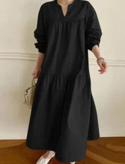 Women's Casual Dress Maxi Dress Ruffle Hem Casual Split Neck Long Sleeve Black White Khaki Color