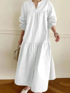 Women's Casual Dress Maxi Dress Ruffle Hem Casual Split Neck Long Sleeve Black White Khaki Color