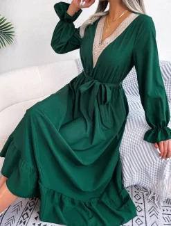 Women's Casual Dress Midi Dress Patchwork With Belt Casual V Neck Long Sleeve Black Wine Green Color