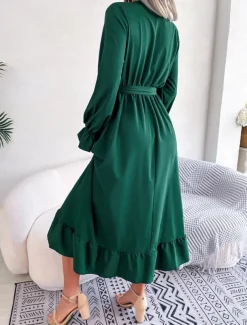 Women's Casual Dress Midi Dress Patchwork With Belt Casual V Neck Long Sleeve Black Wine Green Color
