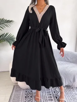 Women's Casual Dress Midi Dress Patchwork With Belt Casual V Neck Long Sleeve Black Wine Green Color