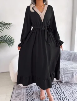 Women's Casual Dress Midi Dress Patchwork With Belt Casual V Neck Long Sleeve Black Wine Green Color