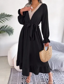 Women's Casual Dress Midi Dress Patchwork With Belt Casual V Neck Long Sleeve Black Wine Green Color