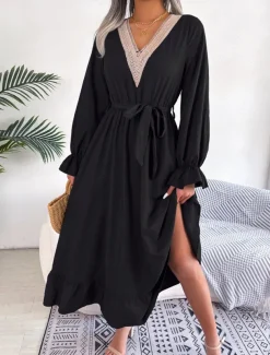 Women's Casual Dress Midi Dress Patchwork With Belt Casual V Neck Long Sleeve Black Wine Green Color