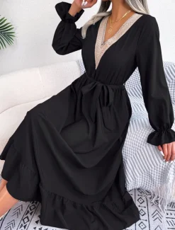 Women's Casual Dress Midi Dress Patchwork With Belt Casual V Neck Long Sleeve Black Wine Green Color