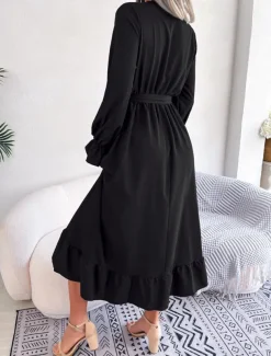 Women's Casual Dress Midi Dress Patchwork With Belt Casual V Neck Long Sleeve Black Wine Green Color