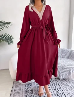Women's Casual Dress Midi Dress Patchwork With Belt Casual V Neck Long Sleeve Black Wine Green Color
