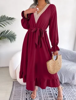 Women's Casual Dress Midi Dress Patchwork With Belt Casual V Neck Long Sleeve Black Wine Green Color