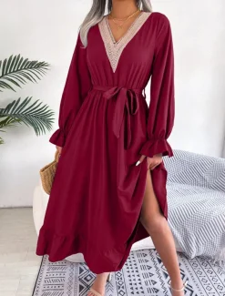 Women's Casual Dress Midi Dress Patchwork With Belt Casual V Neck Long Sleeve Black Wine Green Color