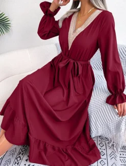 Women's Casual Dress Midi Dress Patchwork With Belt Casual V Neck Long Sleeve Black Wine Green Color