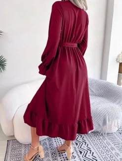 Women's Casual Dress Midi Dress Patchwork With Belt Casual V Neck Long Sleeve Black Wine Green Color