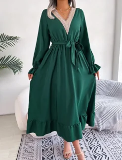 Women's Casual Dress Midi Dress Patchwork With Belt Casual V Neck Long Sleeve Black Wine Green Color