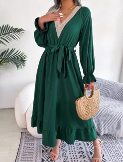 Women's Casual Dress Midi Dress Patchwork With Belt Casual V Neck Long Sleeve Black Wine Green Color