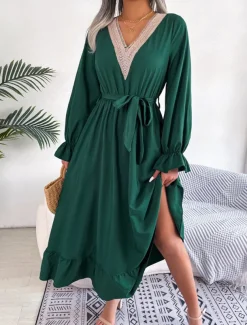 Women's Casual Dress Midi Dress Patchwork With Belt Casual V Neck Long Sleeve Black Wine Green Color