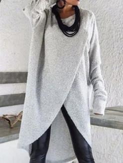 Women's Casual Dress Midi Dress Ruched Casual Crew Neck Long Sleeve Light Grey Dark Grey Color