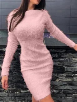 Women's Casual Dress Mini Dress Fleece Casual Crew Neck Long Sleeve White Pink Color