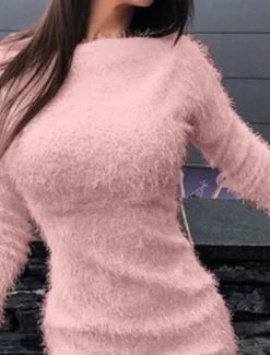 Women's Casual Dress Mini Dress Fleece Casual Crew Neck Long Sleeve White Pink Color