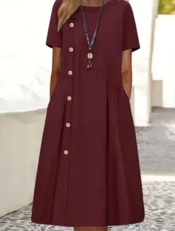 Women's Casual Dress Mini Dress Buttons Pocket Casual Crew Neck Long Sleeve Wine Blue Green Color