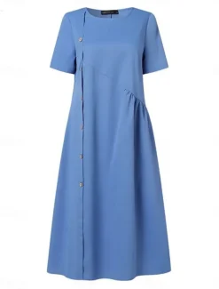 Women's Casual Dress Mini Dress Buttons Pocket Casual Crew Neck Long Sleeve Wine Blue Green Color