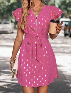 Women's Casual Dress Polka Dot Zipper Print V Neck Mini Dress Stylish Casual Daily Date Short Sleeve Summer