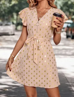 Women's Casual Dress Polka Dot Zipper Print V Neck Mini Dress Stylish Casual Daily Date Short Sleeve Summer