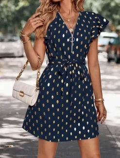 Women's Casual Dress Polka Dot Zipper Print V Neck Mini Dress Stylish Casual Daily Date Short Sleeve Summer