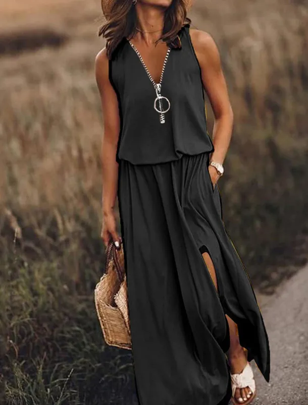 Women's Casual Dress Pure Color Zipper Pocket V Neck Maxi long Dress Basic Casual Daily Sleeveless Summer Spring