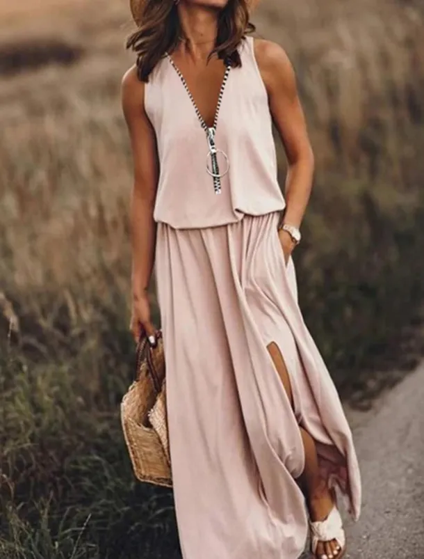 Women's Casual Dress Pure Color Zipper Pocket V Neck Maxi long Dress Basic Casual Daily Sleeveless Summer Spring