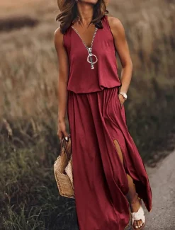 Women's Casual Dress Pure Color Zipper Pocket V Neck Maxi long Dress Basic Casual Daily Sleeveless Summer Spring