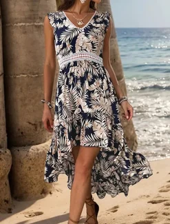 Women's Casual Dress Swing Dress Tank Dress Floral Leaf Print Asymmetrical Hem V Neck Long Dress Maxi Dress Stylish Casual Daily Date Sleeveless Summer