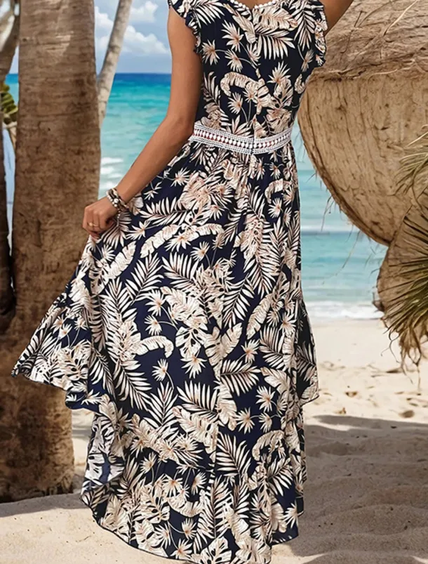 Women's Casual Dress Swing Dress Tank Dress Floral Leaf Print Asymmetrical Hem V Neck Long Dress Maxi Dress Stylish Casual Daily Date Sleeveless Summer