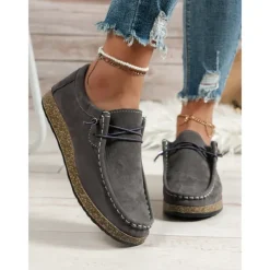 Women's Casual Grey Faux Suede Moccasins with Lace-Up Design and Cushioned Sole – Comfortable Loafers for Everyday Wear