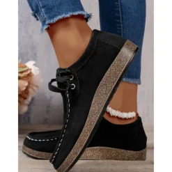 Women's Casual Grey Faux Suede Moccasins with Lace-Up Design and Cushioned Sole – Comfortable Loafers for Everyday Wear