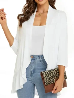 Women's Casual Jacket Breathable Comfortable Ruffle Casual Plain Vacation Street Casual Daily Wear Open Front Regular Collarless Regular Fit Long Sleeve Outerwear White Pink Navy Blue Summer Spring