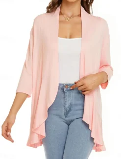 Women's Casual Jacket Breathable Comfortable Ruffle Casual Plain Vacation Street Casual Daily Wear Open Front Regular Collarless Regular Fit Long Sleeve Outerwear White Pink Navy Blue Summer Spring