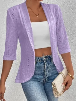 Women's Casual Jacket Breathable Quick Dry Lace Casual Office / Career Collarless Regular Fit 3/4 Length Sleeve Outerwear Black White Violet Spring Fall