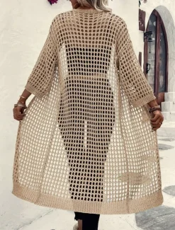 Women's Casual Jacket Breathable Comfortable Cut Out Casual Plain Vacation Street Casual Daily Wear Open Front Long Collarless Regular Fit 3/4 Length Sleeve Outerwear Black Apricot Spring