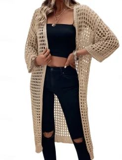 Women's Casual Jacket Breathable Comfortable Cut Out Casual Plain Vacation Street Casual Daily Wear Open Front Long Collarless Regular Fit 3/4 Length Sleeve Outerwear Black Apricot Spring