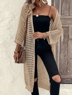 Women's Casual Jacket Breathable Comfortable Cut Out Casual Plain Vacation Street Casual Daily Wear Open Front Long Collarless Regular Fit 3/4 Length Sleeve Outerwear Black Apricot Spring