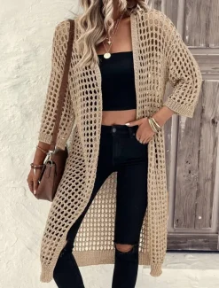 Women's Casual Jacket Breathable Comfortable Cut Out Casual Plain Vacation Street Casual Daily Wear Open Front Long Collarless Regular Fit 3/4 Length Sleeve Outerwear Black Apricot Spring