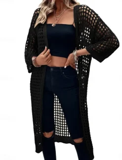 Women's Casual Jacket Breathable Comfortable Cut Out Casual Plain Vacation Street Casual Daily Wear Open Front Long Collarless Regular Fit 3/4 Length Sleeve Outerwear Black Apricot Spring