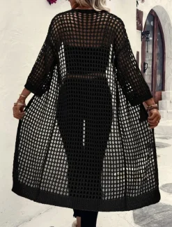 Women's Casual Jacket Breathable Comfortable Cut Out Casual Plain Vacation Street Casual Daily Wear Open Front Long Collarless Regular Fit 3/4 Length Sleeve Outerwear Black Apricot Spring