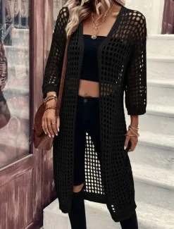 Women's Casual Jacket Breathable Comfortable Cut Out Casual Plain Vacation Street Casual Daily Wear Open Front Long Collarless Regular Fit 3/4 Length Sleeve Outerwear Black Apricot Spring