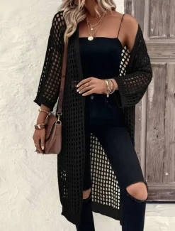 Women's Casual Jacket Breathable Comfortable Cut Out Casual Plain Vacation Street Casual Daily Wear Open Front Long Collarless Regular Fit 3/4 Length Sleeve Outerwear Black Apricot Spring