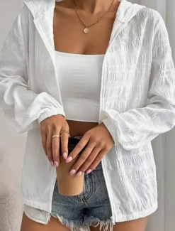 Women's Casual Jacket Breathable Comfortable Zipper Casual Plain Vacation Street Casual Daily Wear Zipper Regular Hooded Regular Fit Long Sleeve Outerwear Black White Purple Summer Spring