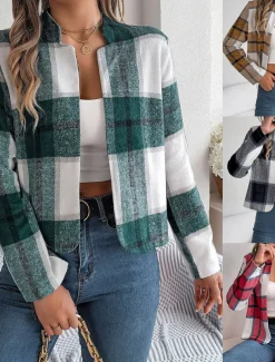 Women's Casual Jacket Comfortable Breathable Print Casual Plaid Vacation Street Daily Wear Going out Open Front Short Stand Collar Regular Fit Long Sleeve Outerwear Navy Red Green Summer Spring