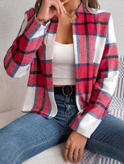 Women's Casual Jacket Comfortable Breathable Print Casual Plaid Vacation Street Daily Wear Going out Open Front Short Stand Collar Regular Fit Long Sleeve Outerwear Navy Red Green Summer Spring