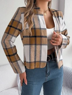 Women's Casual Jacket Comfortable Breathable Print Casual Plaid Vacation Street Daily Wear Going out Open Front Short Stand Collar Regular Fit Long Sleeve Outerwear Navy Red Green Summer Spring