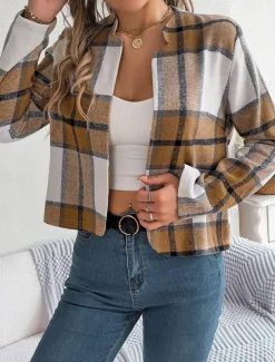 Women's Casual Jacket Comfortable Breathable Print Casual Plaid Vacation Street Daily Wear Going out Open Front Short Stand Collar Regular Fit Long Sleeve Outerwear Navy Red Green Summer Spring