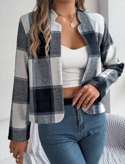 Women's Casual Jacket Comfortable Breathable Print Casual Plaid Vacation Street Daily Wear Going out Open Front Short Stand Collar Regular Fit Long Sleeve Outerwear Navy Red Green Summer Spring